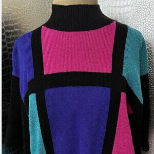 Vintage 1980s Alnoral Black Teal Fuchsia Windowpane Color Block Sweater Size 1X